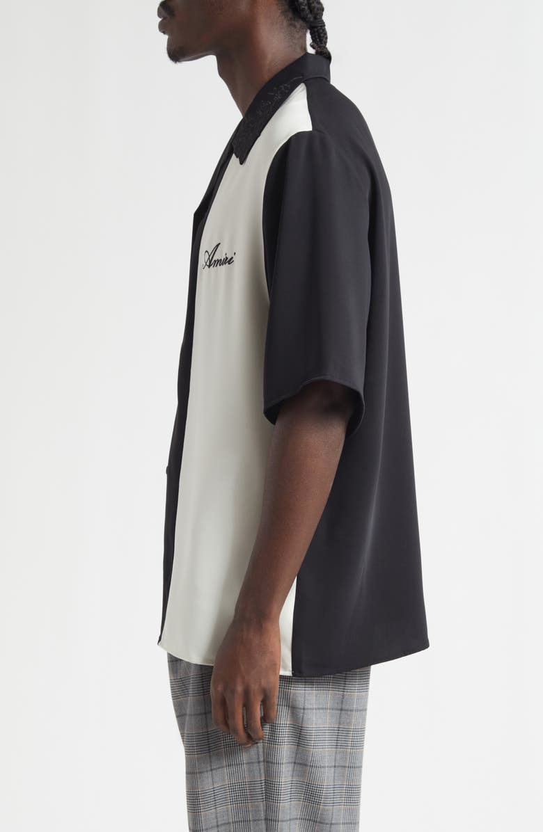 AMIRI Colorblock Floral Embroidered Camp Shirt, Alternate, color, Black