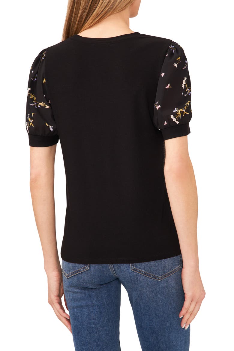 Mixed Media Clip Dot Floral Top, Alternate, color, RICH BLACK