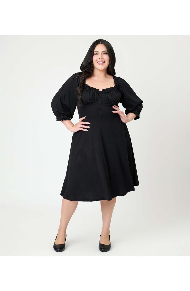 Unique Vintage Plus Size Peasant Sleeve Swing Dress, Main, color, Black Ruffle