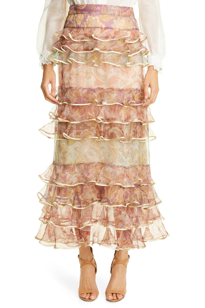 Lucky Paisley Tiered Ruffle Silk Skirt, Main, color, SPLICED JACOBEAN