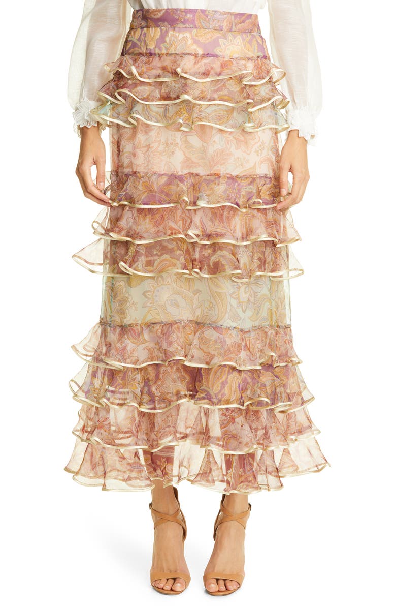 Zimmermann Lucky Paisley Tiered Ruffle Silk Skirt, Main, color,