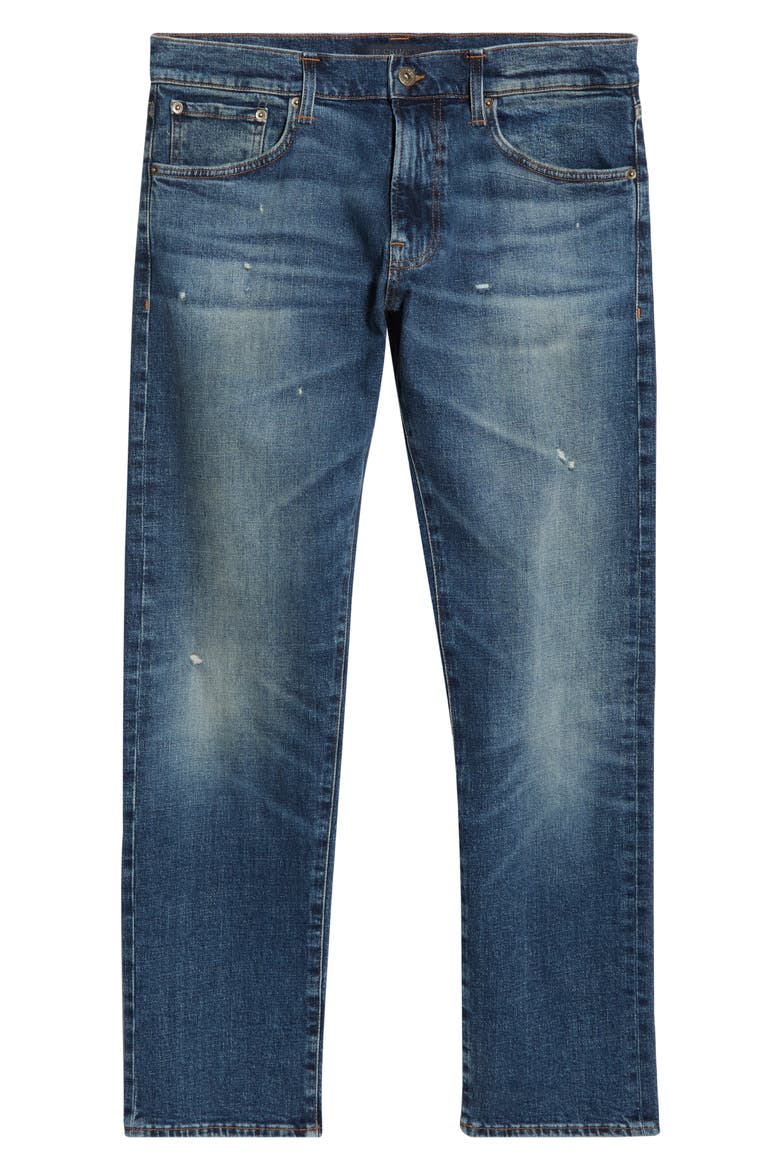 Regular Fit Distressed Tapered Stretch Cotton Jeans, Alternate, color, NAVY