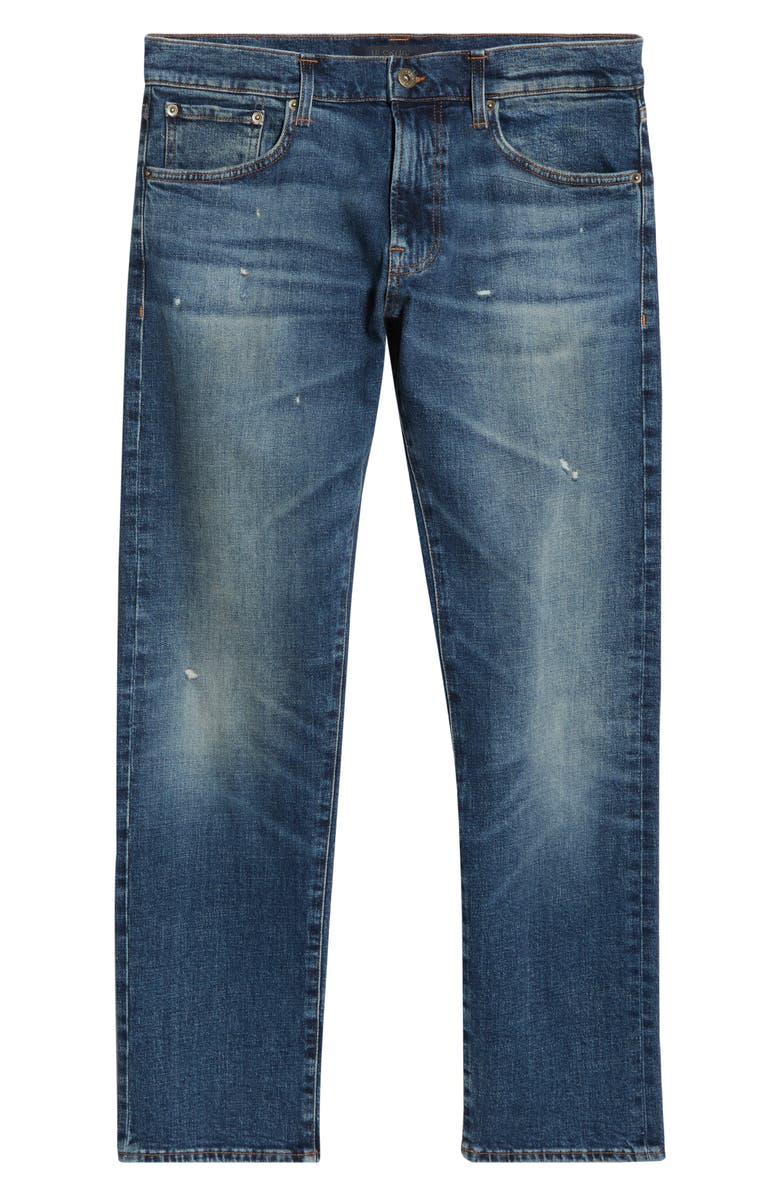 BOSS Regular Fit Distressed Tapered Stretch Cotton Jeans, Alternate, color, Navy