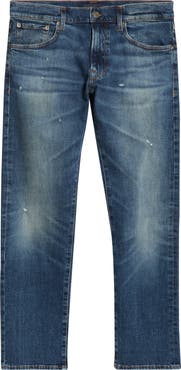 BOSS Regular Fit Distressed Tapered Stretch Cotton Jeans