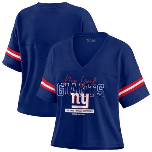Wear By Erin Andrews Royal New York Giants Color Block Boxy Modest Crop V-neck T-shirt In Blue