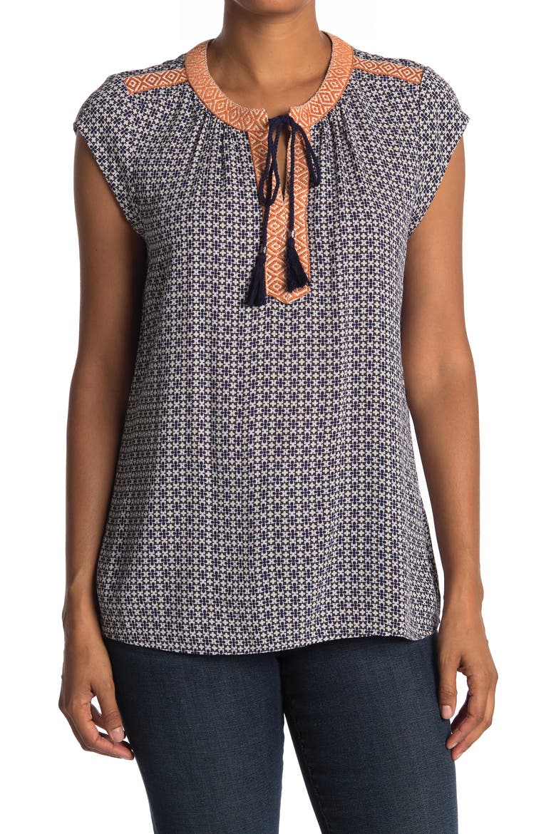 Daniel Rainn Rayon Gauze Printed Tape Blouse, Main, color, L136 INDIGO