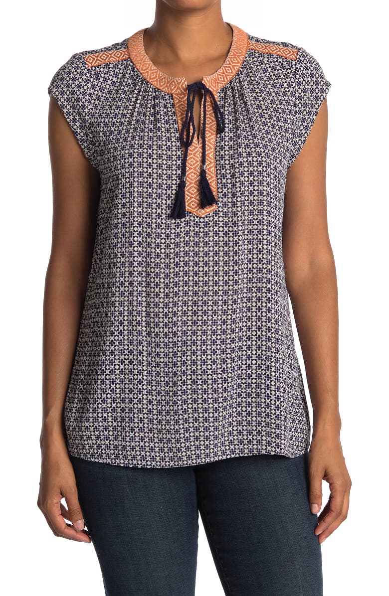 DR2 by Daniel Rainn Daniel Rainn Rayon Gauze Printed Tape Blouse, Main, color,