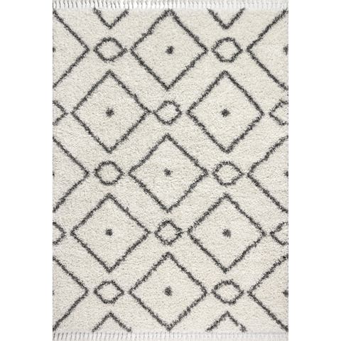 Mercer Shag Plush Tassel Moroccan Diamond Denim Area Rug