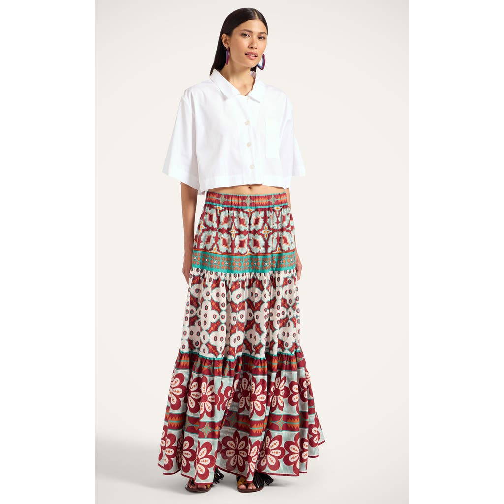 La Doublej Big Printed Tiered Cotton Maxi Skirt In Brown