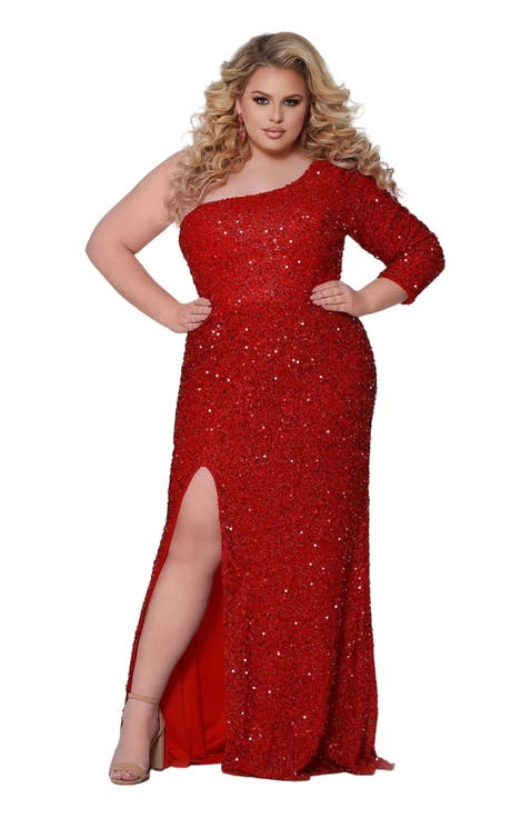 One-Shoulder Long Sleeve Sequin Plus Size Gown