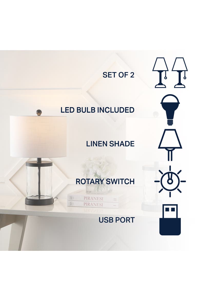 Alexander Modern Designer Iron/Water Glass LED Table Lamp with USB Charging Port, Alternate, color, Black/Clear