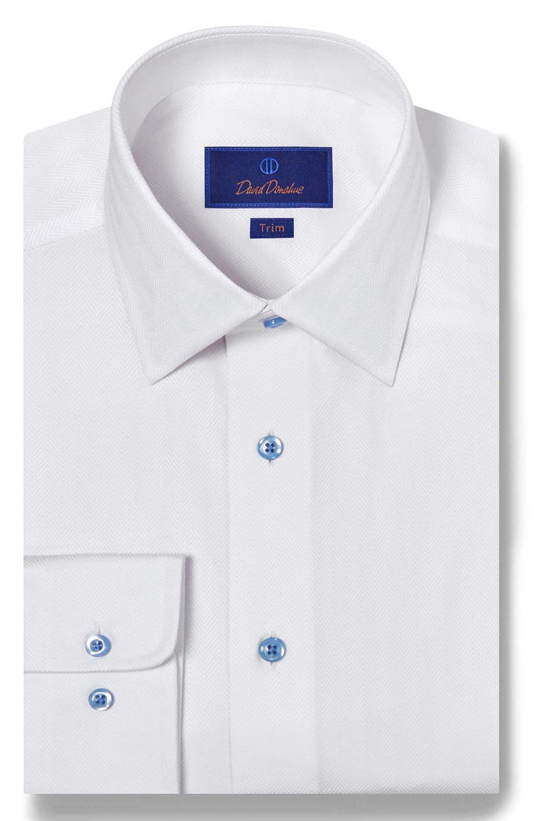 David Donahue Trim Fit Solid Cotton Herringbone Dress Shirt, Main, color, White