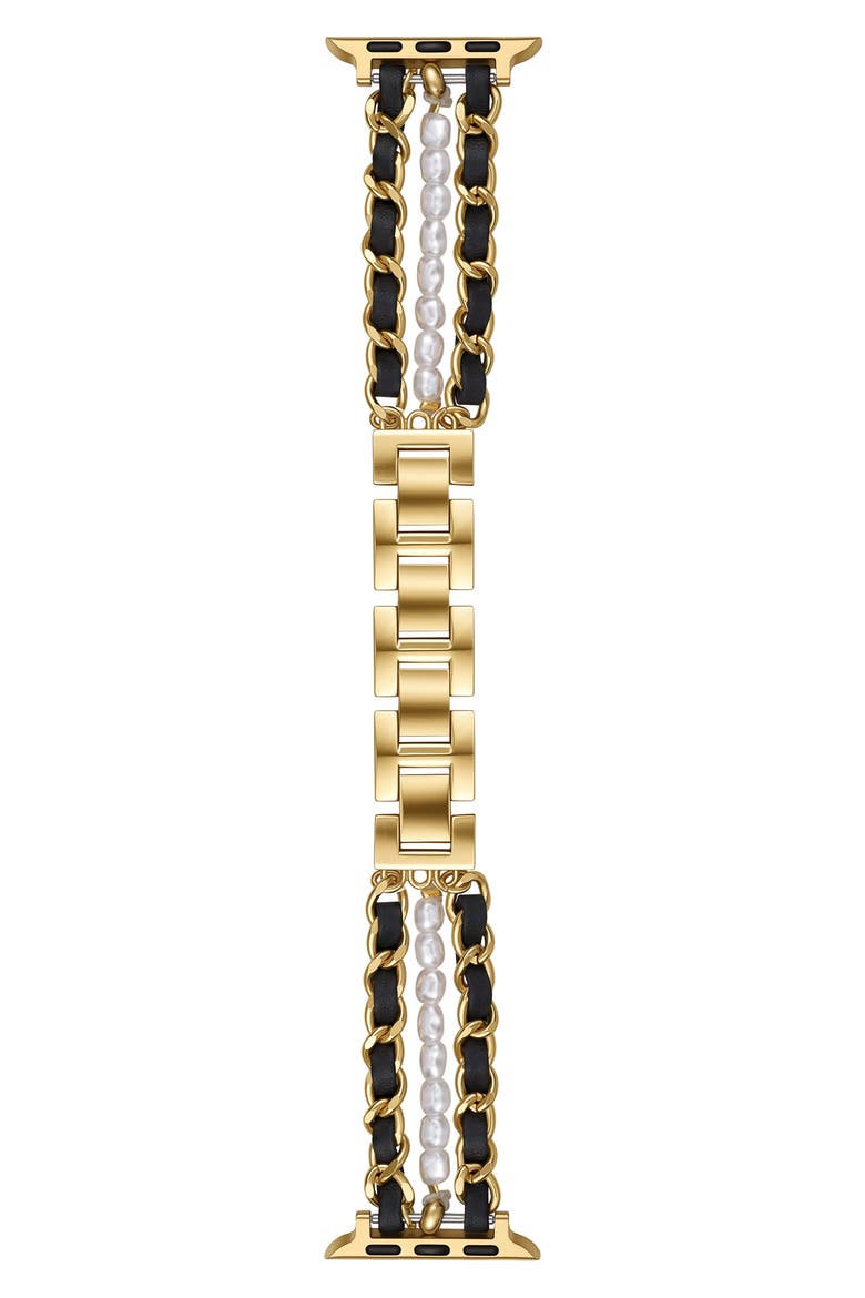 Imitation Pearl and Leather Chain Watchband, Main, color, GOLD