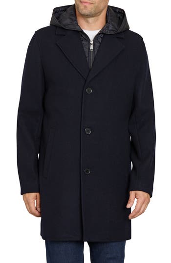 Sam Edelman Single Breasted Wool Blend Hooded Coat With Bib In Blue