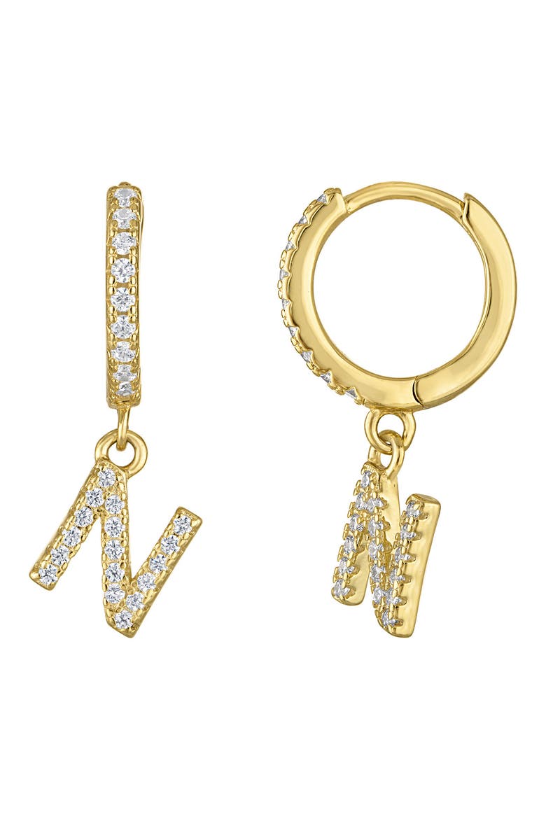 Pavé Cubic Zirconia Initial Huggie Drop Earrings, Main, color, YELLOW GOLD - N