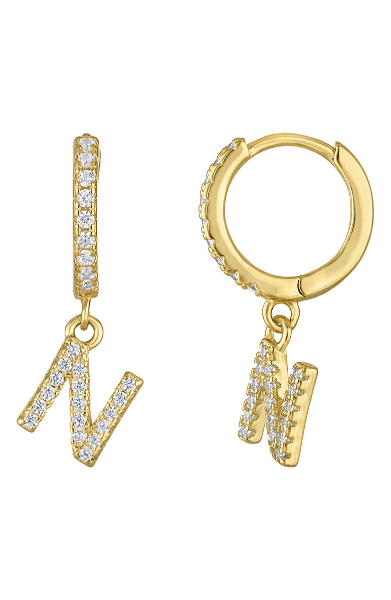 FZN Pavé Cubic Zirconia Initial 'N' Huggie Drop Earrings, Main, color, Yellow Gold