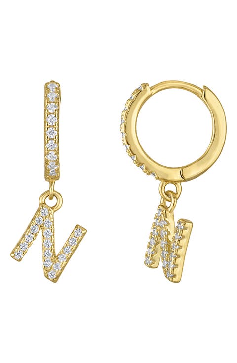 Pavé Cubic Zirconia Initial 'N' Huggie Drop Earrings