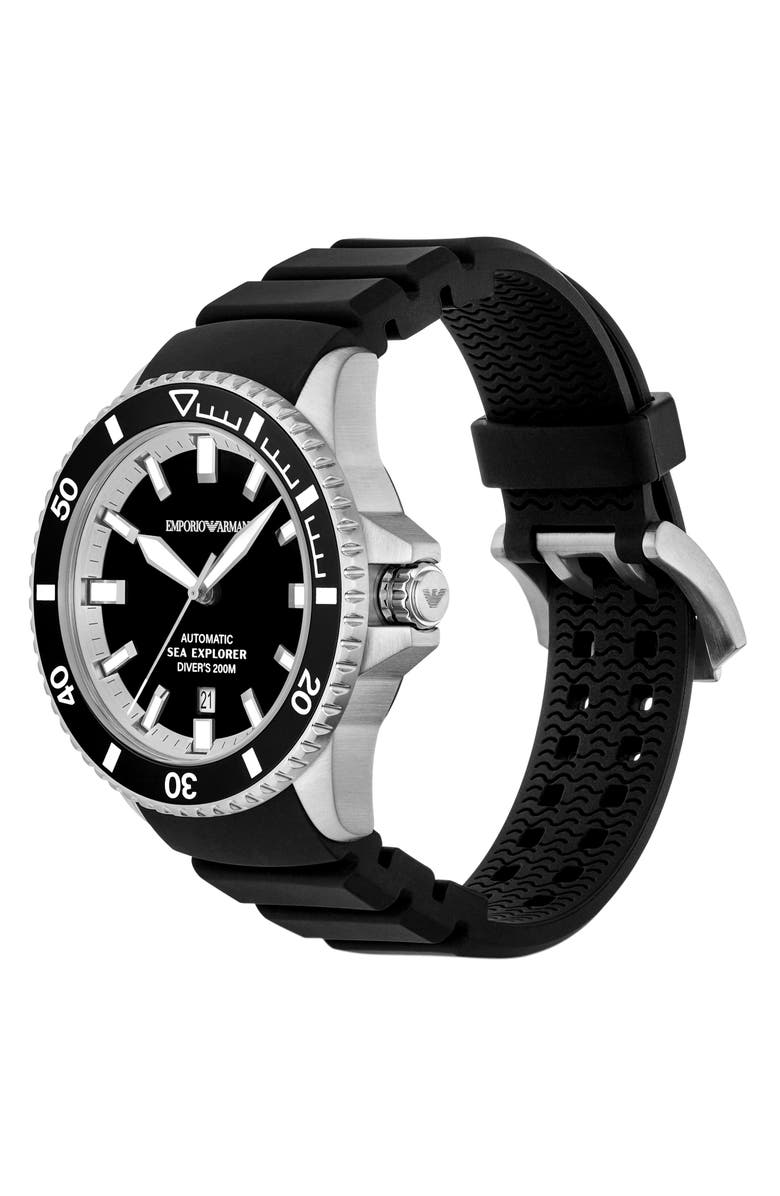 Emporio Armani Sea Explorer Silicone Strap Automatic Diving Watch, 42.5mm, Alternate, color, Silver