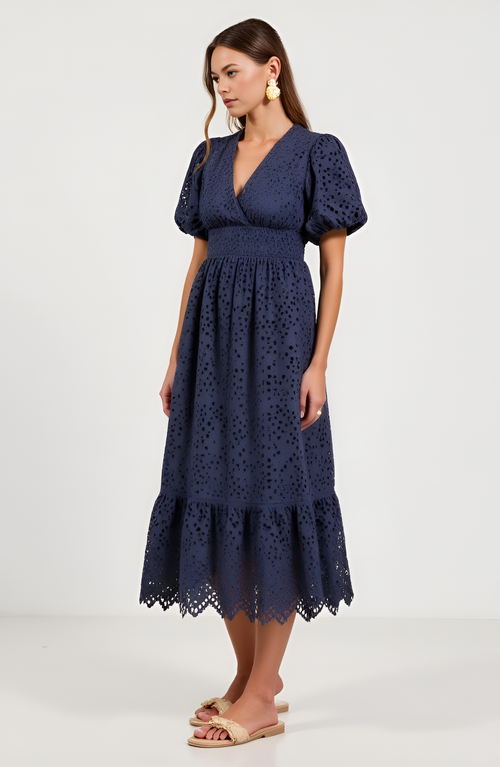 Modenaire Puff-sleeve Eyelet Midi Dress In Navy