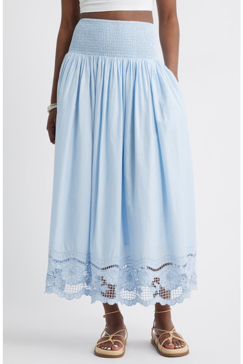 Embroidered Eyelet Cotton Smocked Waist Skirt, Main, color, BLUE SKYWAY
