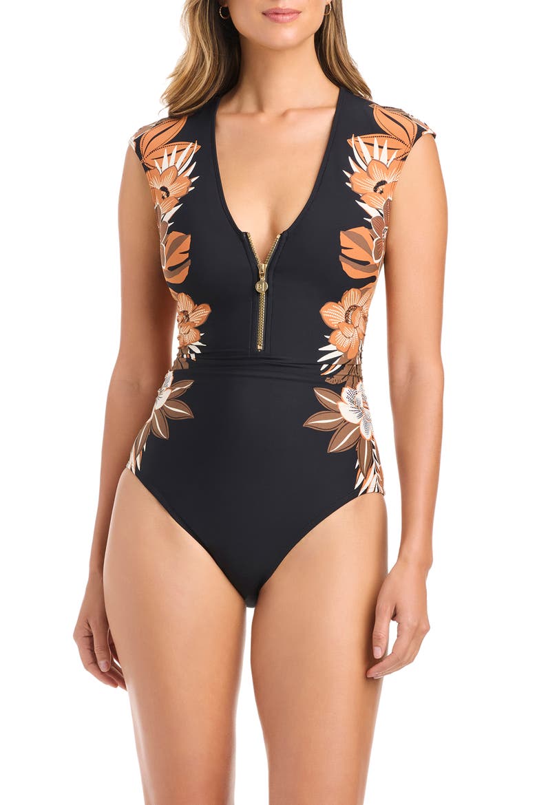 Cap Sleeve Half Zip One-Piece Swimsuit, Alternate, color, BLACK