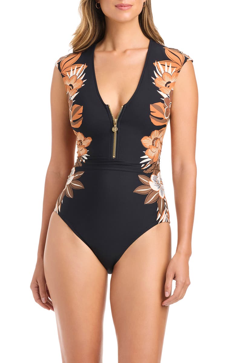 BLEU by Rod Beattie Cap Sleeve Half Zip One-Piece Swimsuit, Alternate, color, Black