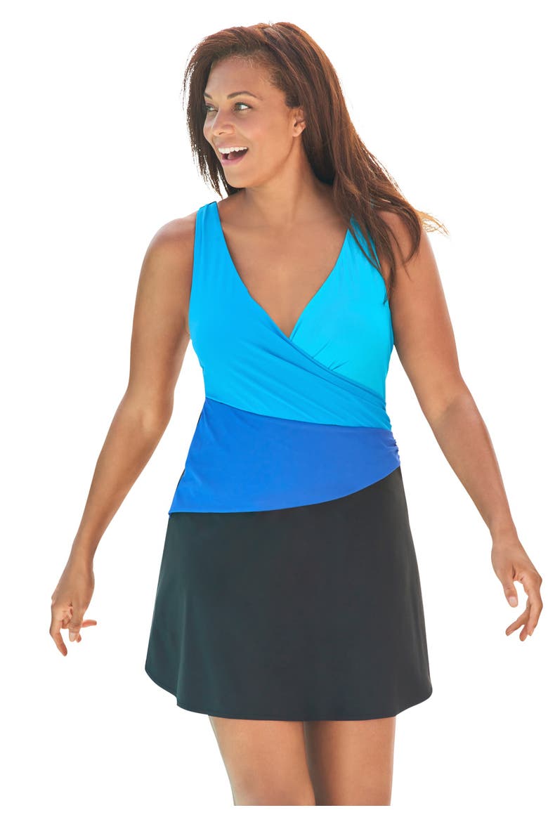 Colorblock Fit And Flare Swim Dress, Main, color, BLACK ULTRAMARINE COLORBLOCK
