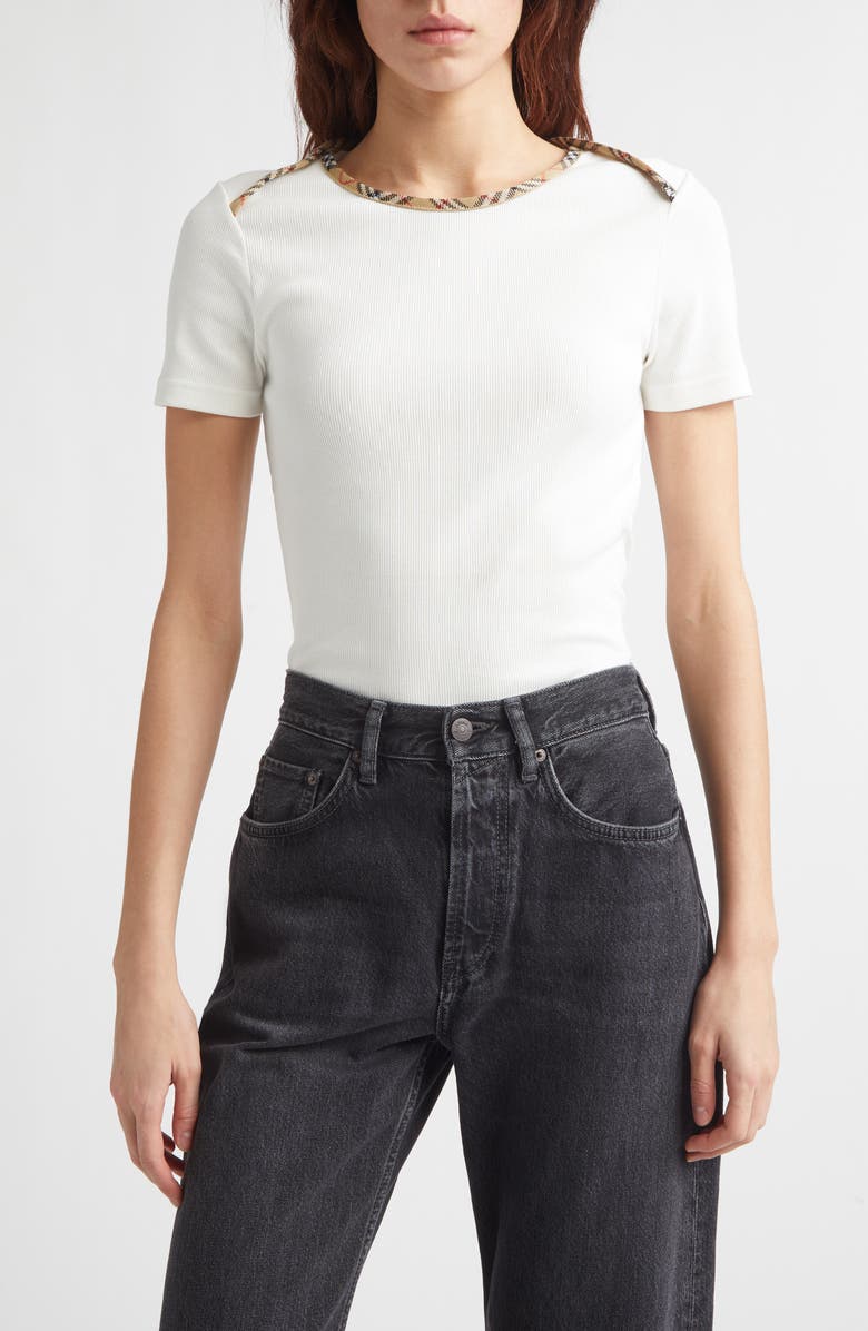 Burberry Stephanie Slim Fit Check Trim Stretch Cotton Rib T-Shirt, Main, color, Chalk