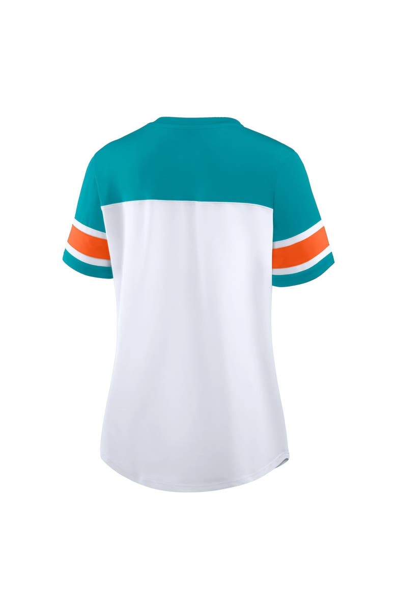 FANATICS Women's Fanatics White/Aqua Miami Dolphins Athena Rhinestone Lace-Up V-Neck T-Shirt, Alternate, color, White