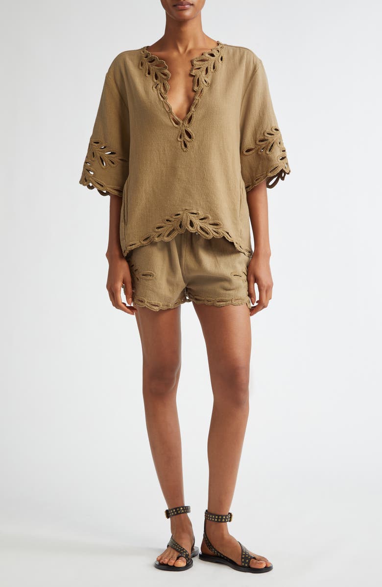 Isabel Marant Étoile Safa Embroidered Cotton Drawstring Shorts, Alternate, color, Light Khaki