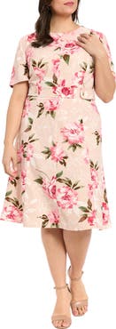 London Times Floral Tab Waist Midi Dress