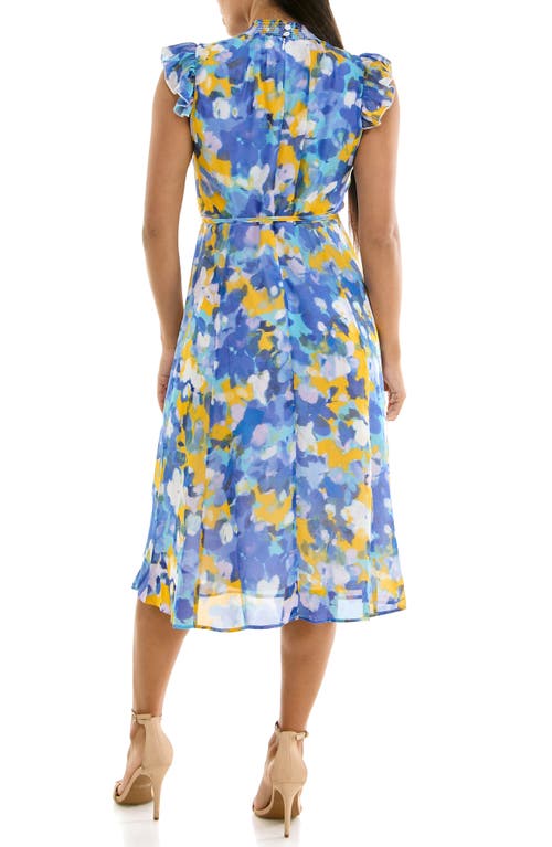 Nina Leonard Smock Chiffon Midi Dress In Blue Violet Multi