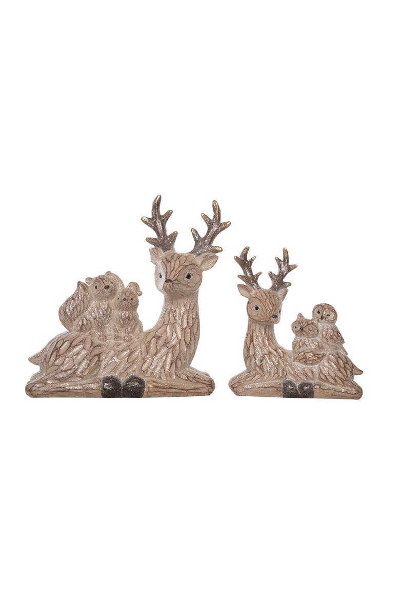 Transpac Brown Christmas Laying Woodland Texture Deer Figurine Set of 2, Main, color, 