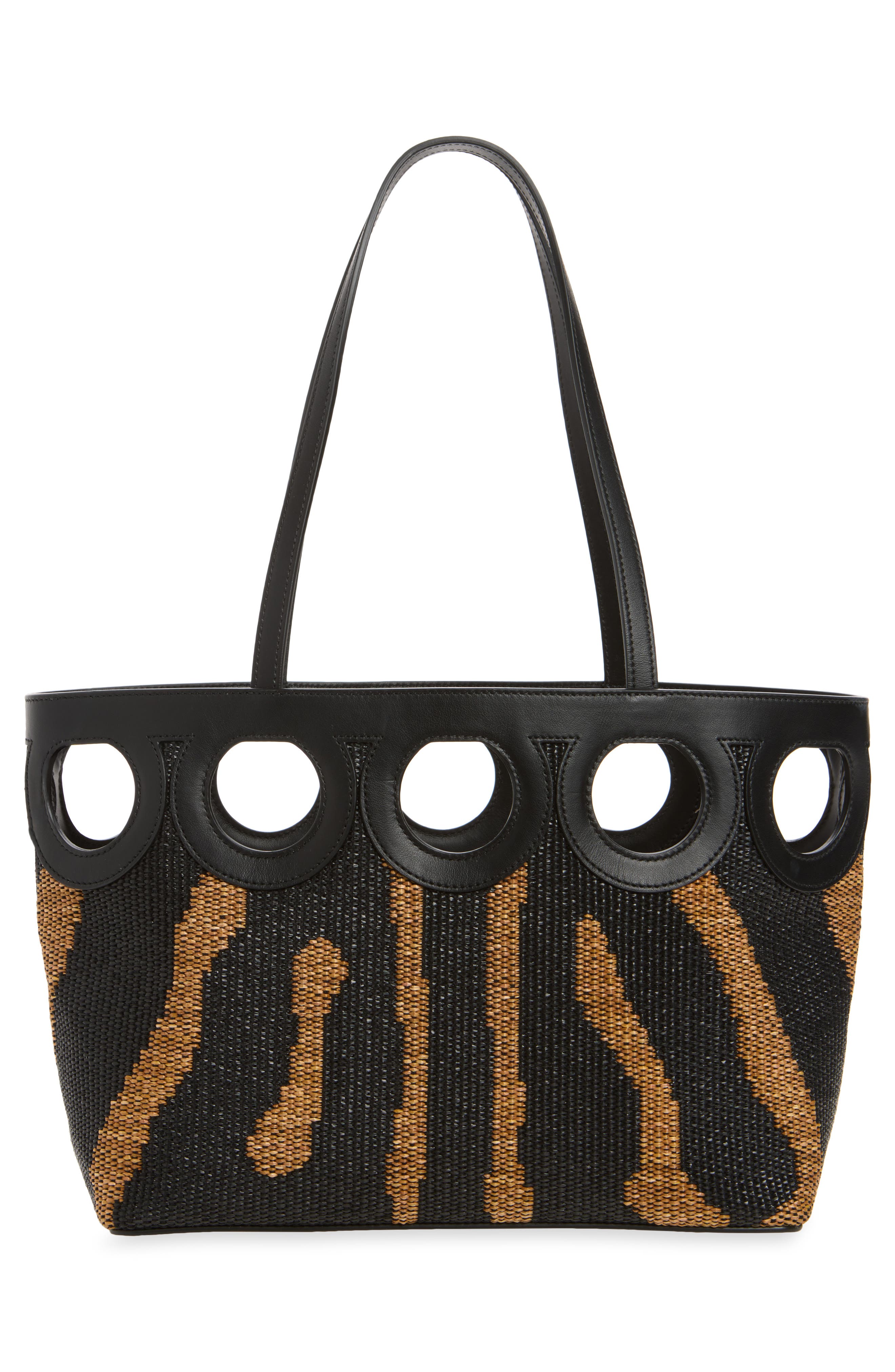 Small Gancini Outline Woven Raffia & Leather Tote, Alternate, color, NERO/ NATURALE