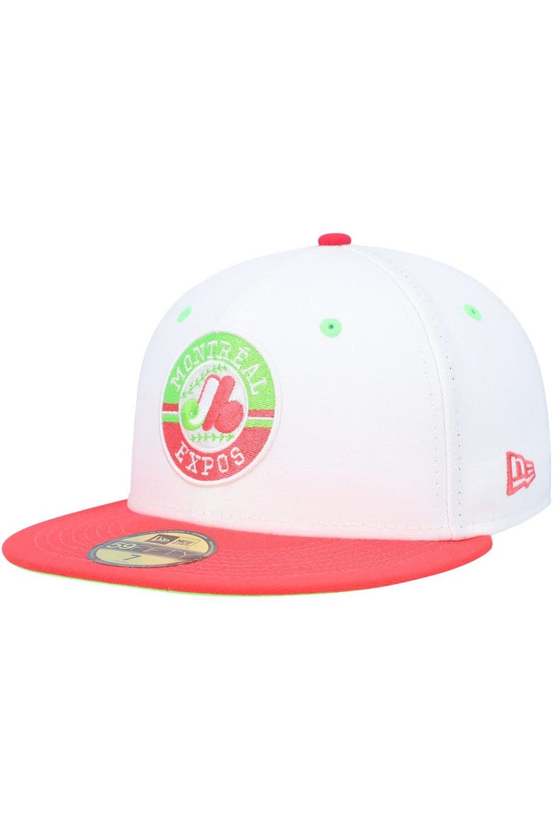 Men's New Era White/Coral Montreal Expos  Olympic Stadium Strawberry Lolli 59FIFTY Fitted Hat, Alternate, color, White