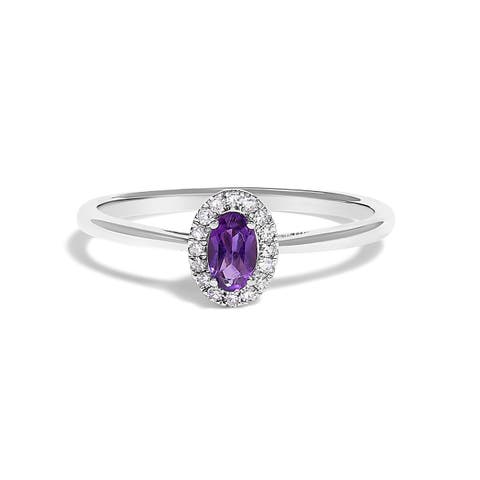 10K White Gold Oval and Diamond Accent Halo Birthstone Ring