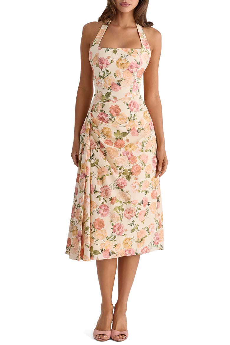 Tallulah Rose Print Halter Midi Dress, Alternate, color, WARM ROSE PRINT