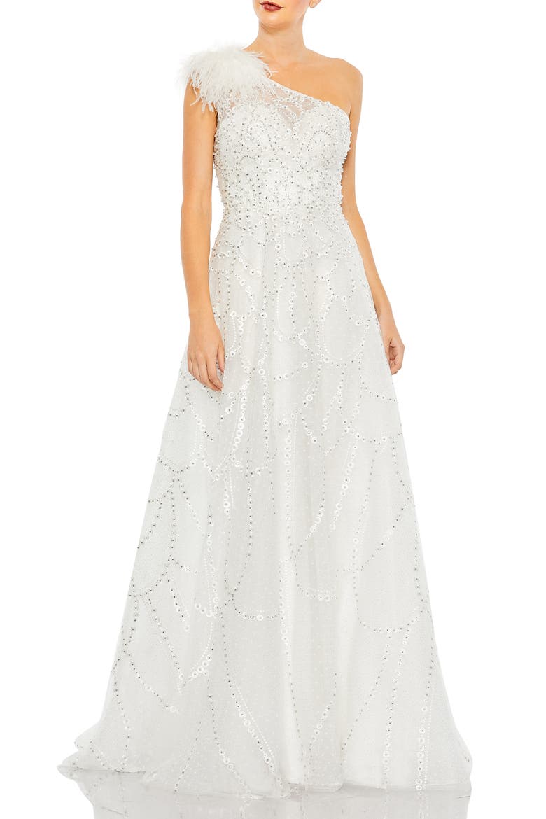 Beaded One-Shoulder A-Line Gown, Main, color, IVORY