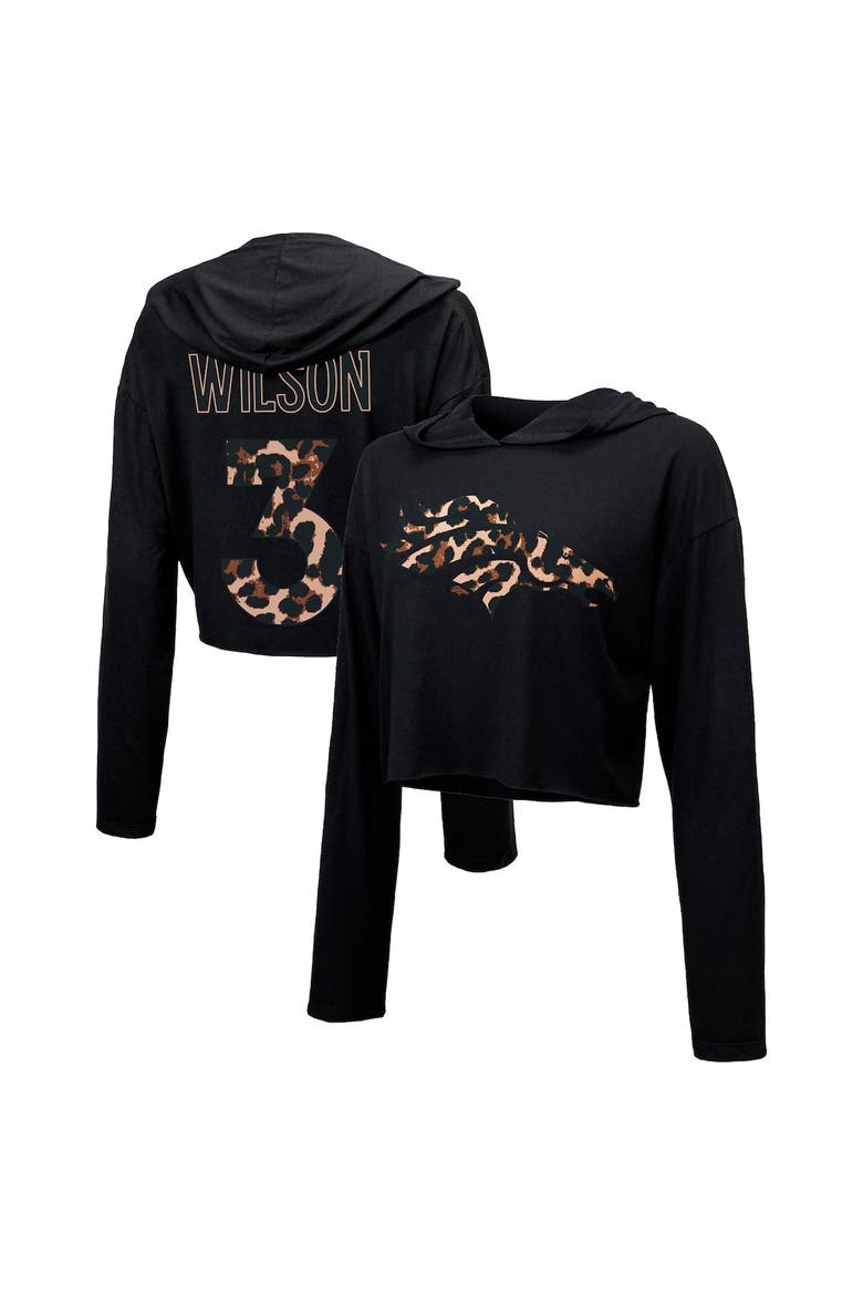 Women's Majestic Threads Russell Wilson Black Denver Broncos Leopard Player Name & Number Long Sleeve Cropped Hoodie, Main, color, Black