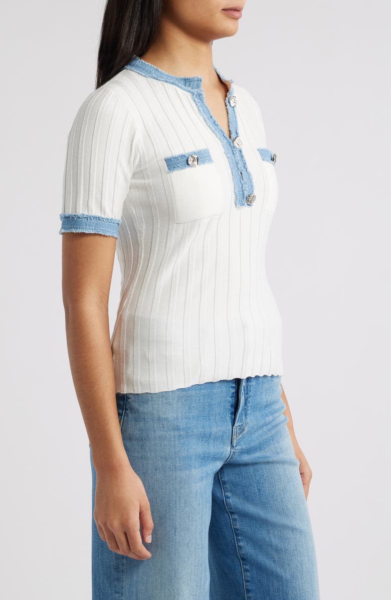 ZOE AND CLAIRE Denim Trim Short Sleeve Sweater, Alternate, color, Ivory
