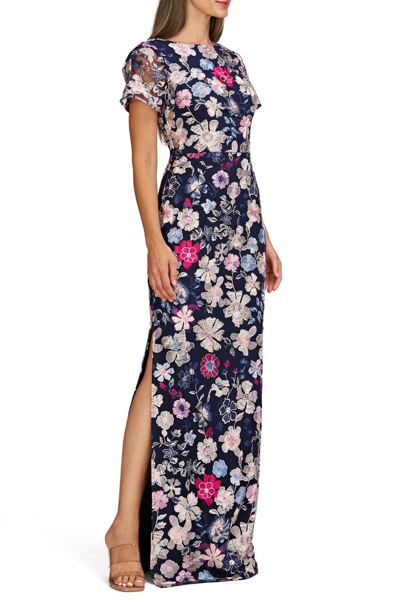 JS Collections Magnolia Floral Embroidery Gown, Alternate, color, Navy Multi