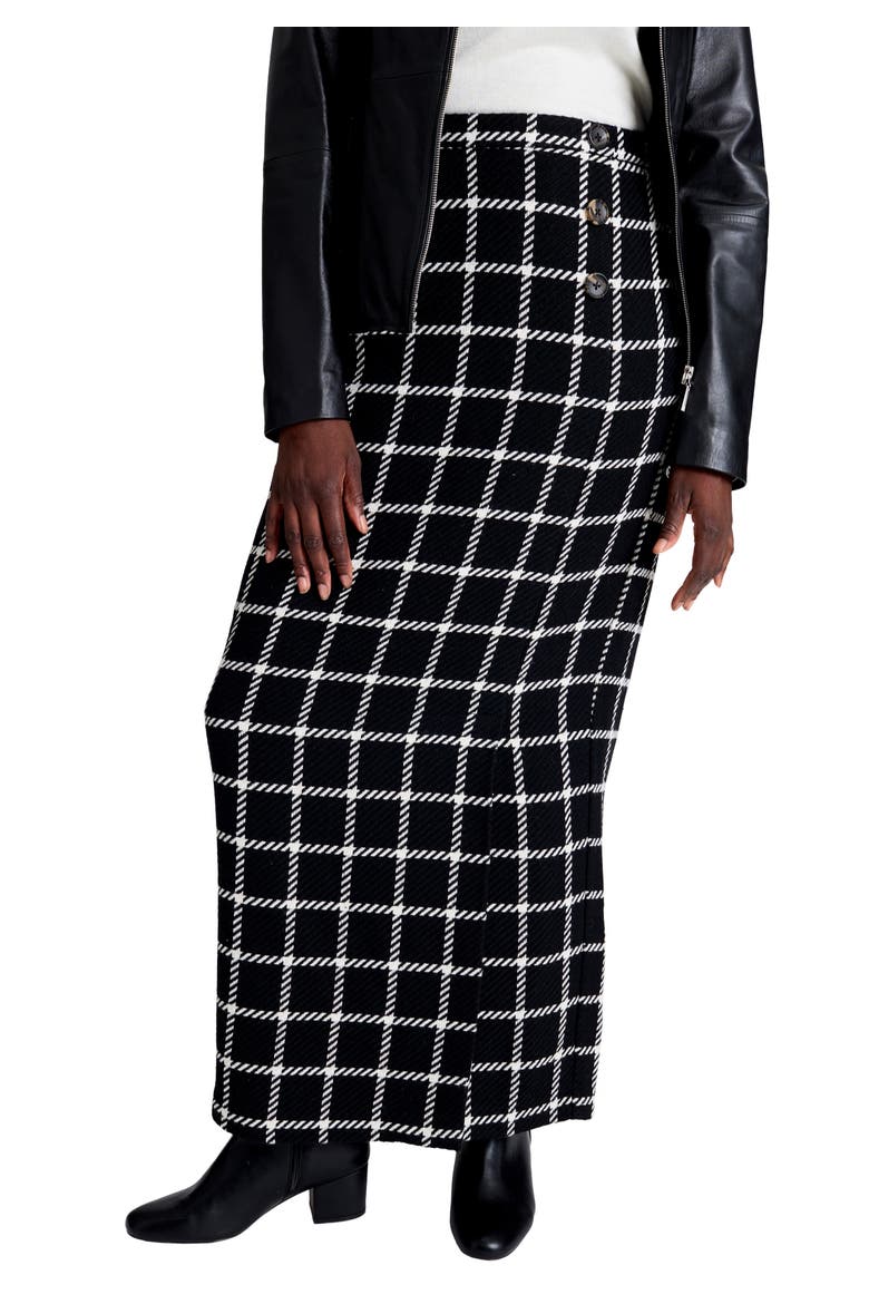 Side Button Wool Skirt, Main, color, BLACK IVORY WINDOWPANE