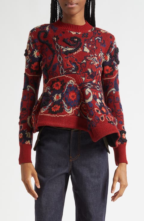 Floral Jacquard Asymmetric Wool Sweater