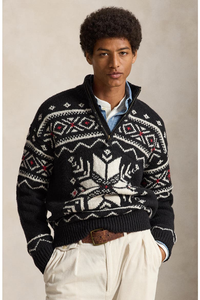 Snowflake Wool Quarter Zip Sweater, Alternate, color, BLACK