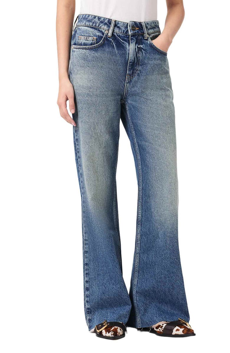 AllSaints Ember Relaxed Raw Hem Flare Jeans, Main, color, Vintage Indigo