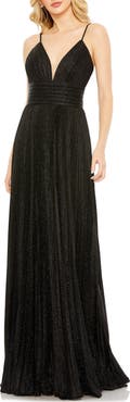 Mac Duggal Shimmer Pleated V-Neck Gown