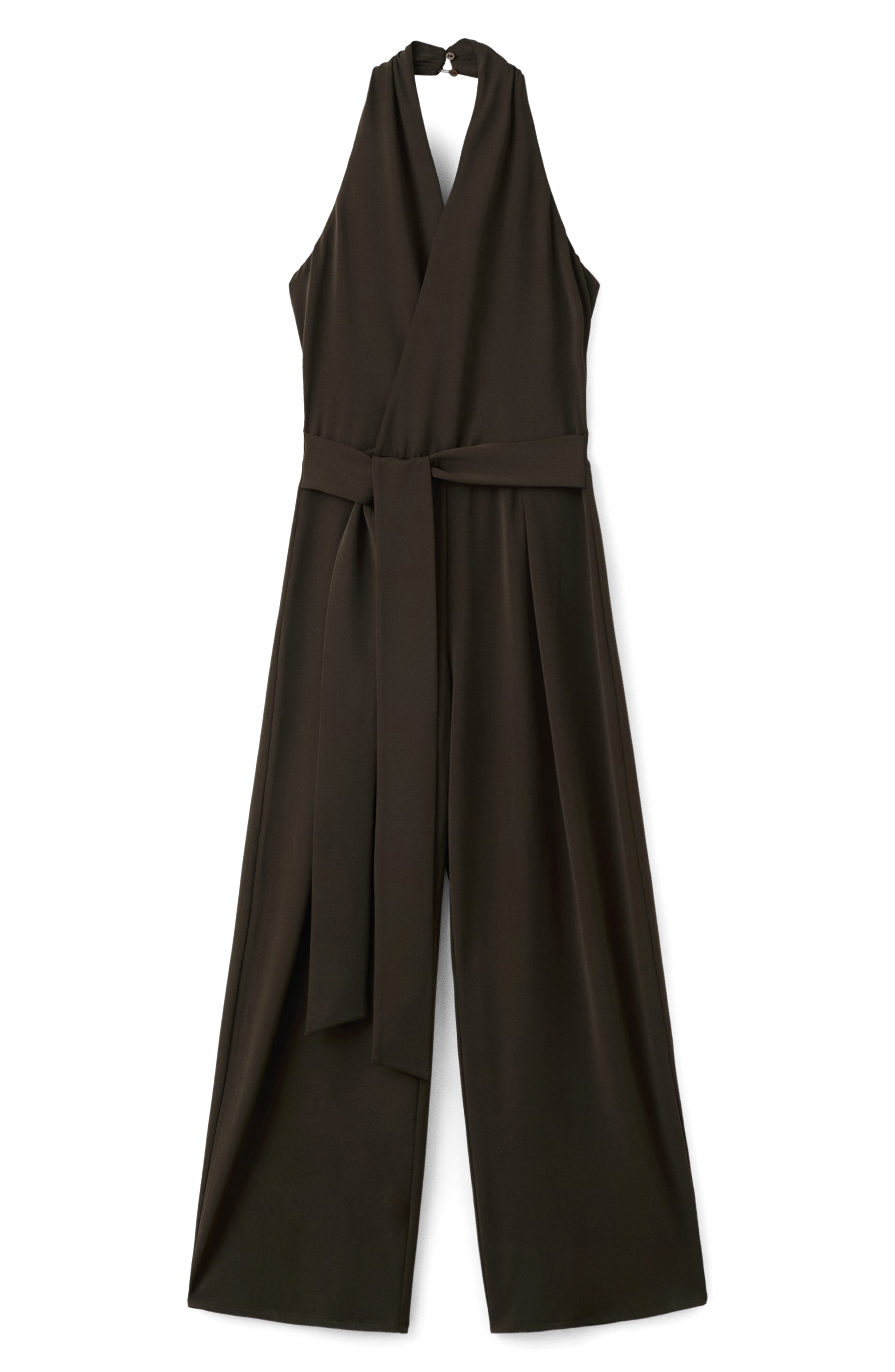 Mango Halter Tie Waist Wide Leg Faux Wrap Jumpsuit In Brown