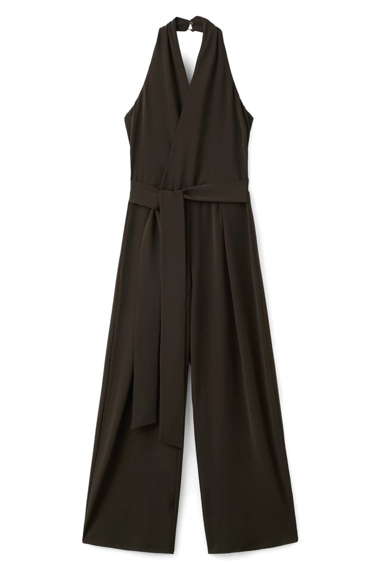 Halter Tie Waist Wide Leg Faux Wrap Jumpsuit, Main, color, BROWN