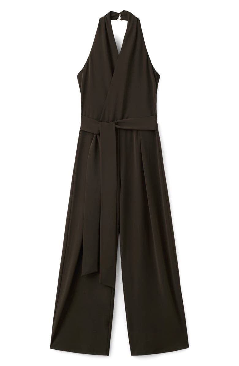 MANGO Halter Tie Waist Wide Leg Faux Wrap Jumpsuit, Main, color, Brown