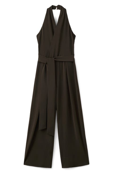 Halter Tie Waist Wide Leg Faux Wrap Jumpsuit